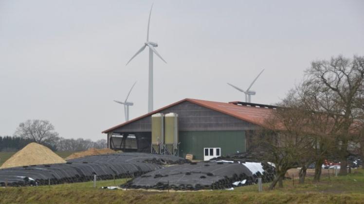 Der Windpark Grüppenbühren von der Almsloher Dorfstraße aus gesehen. 