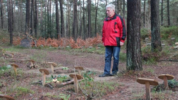 Adolf Wilder im Abschiedswald: Vorne sind die Bestattungen des Jahres 2014 zu sehen, im Hintergrund das entstehende Buchenwäldchen. 