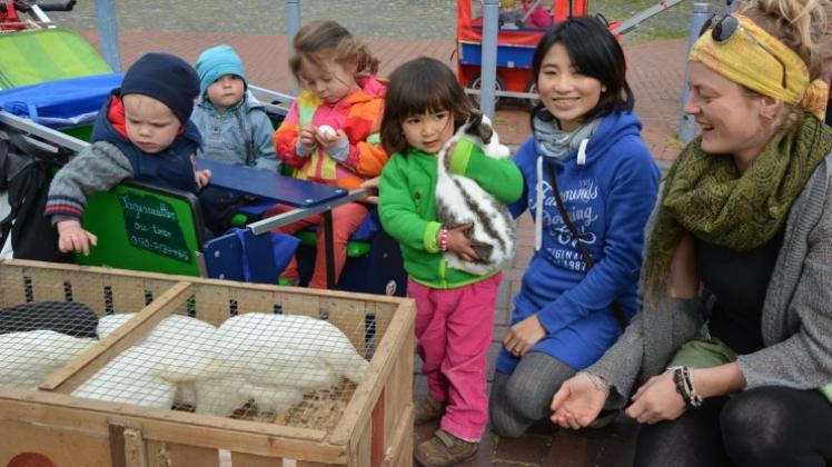 Die Hühner findet Bennet besonders spannend, Philipp ist es noch ziemlich egal, und Lilly begutachtet ein Ei. Lotta ist mit Tan und Sarah (von links) gekommen und darf ihr Kaninchen auf den Arm nehmen. 