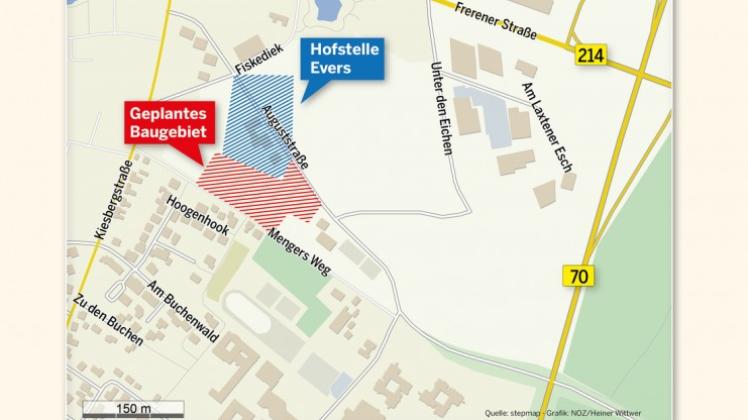 Weiter in der Diskussion: Das geplante Baugebiet im Lingener Ortsteil Laxten. Grafik: Heiner Wittwer/LT