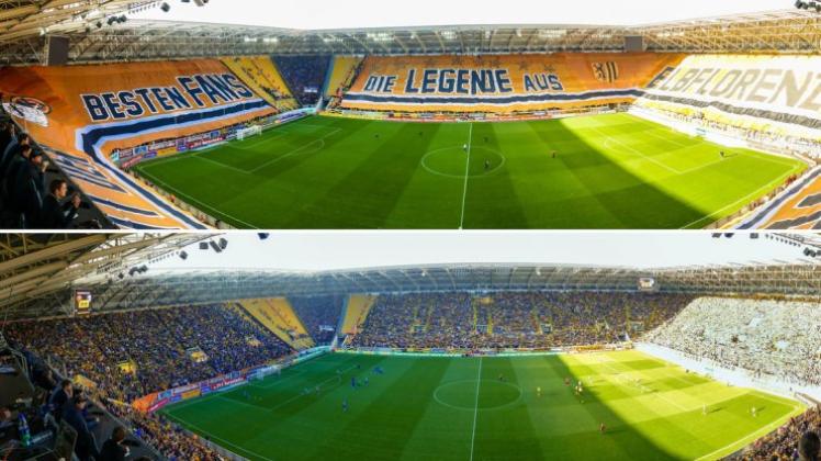 Vor dem Anpfiff des Spitzenspiels der 3. Liga Dynamo Dresden gegen 1. FC Magdeburg am 31.10.2015 wird auf den Rängen des Stadions die nach eigenen Angaben mit 15 000 Quadratmetern größte Fahne der europäischen Fußball-Geschichte ausgerollt (oben), bevor die Zuschauer dann das Spiel verfolgen können (unten). 