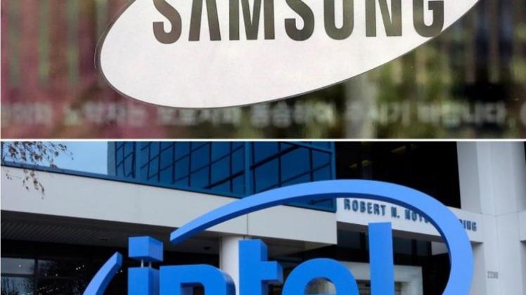 Die Kombo zeigt das Logo des koreanischen Unternehmens «Samsung» und das Logo des Unternehmens «Intel» 