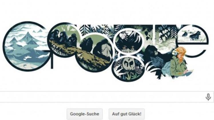 Google im Dschungel-Look: Das Unternehmen verziert seine Suchmaschine, um an den 82. Geburtstag der Gorilla-Forscherin Dian Fossey zu erinnern. Screenshot: noz.de