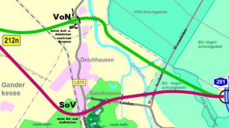 Zwei mögliche Linienführungen nördlich von Delmenhorst: „Südvariante ohne Verkehrsanbindung (SoV)“, rote Linie, und „Verkehrsoptimierte Nordvariante (VoN)“, grüne Linie.