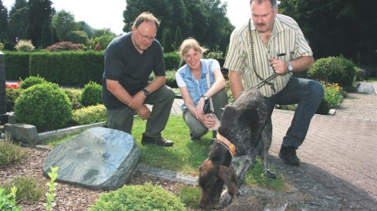 Den Friedhofs-Kaninchen auf der Spur sind Werner Nienhüser (von links), Ursula Wilm-Chemnitz und Detlev Laumeyer mit „Ilgo“. Den Friedhofs-Kaninchen auf der Spur sind Werner Nienhüser (von links), Ursula Wilm-Chemnitz und Detlev Laumeyer mit „Ilgo“.