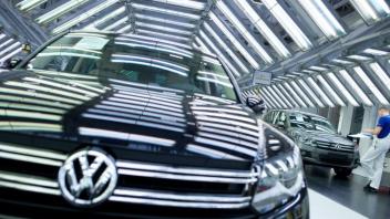 Im Lichttunnel des Wolfsburger VW-Werkes werden Fahrzeuge auf ihre Passgenauigkeit und Lackierung überprüft. VW ist in Niedersachsen der größte Arbeitgeber in der Automobilbranche. 