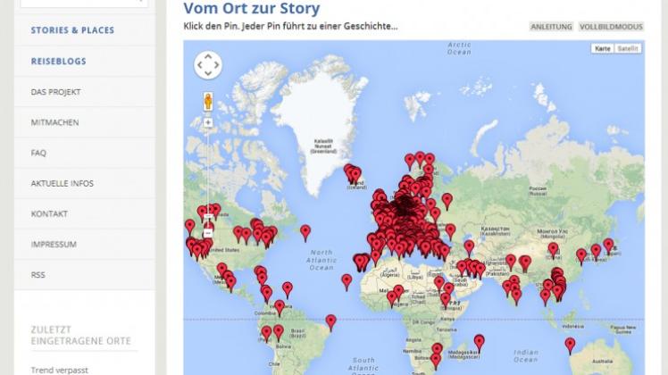 Jeder Ort erzählt Geschichten: Auf „Stories &amp; Places“ können Blogeinträge zu Städten verlinkt werden. Screenshot: NOZ/“Stories &amp; Places“