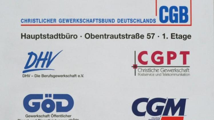 Blick auf die Logos von Christlichen Gewerkschaften, aufgenommen am Hauptstadtbüro des Christlichen Gewerkschaftsbundes Deutschlands (CGB) in Berlin.