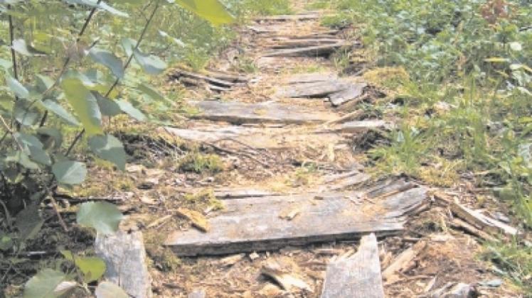 Abgebaut und durch Schotterpfade ersetzt werden die Holzpfade im Bereich des Großen Brögberner Teichs. Auch der Oberbau der Brücken wird erneuert. Fotos: Manfred Buschhaus Abgebaut und durch Schotterpfade ersetzt werden die Holzpfade im Bereich des Großen Brögberner Teichs. Auch der Oberbau der Brücken wird erneuert. Fotos: Manfred Buschhaus
