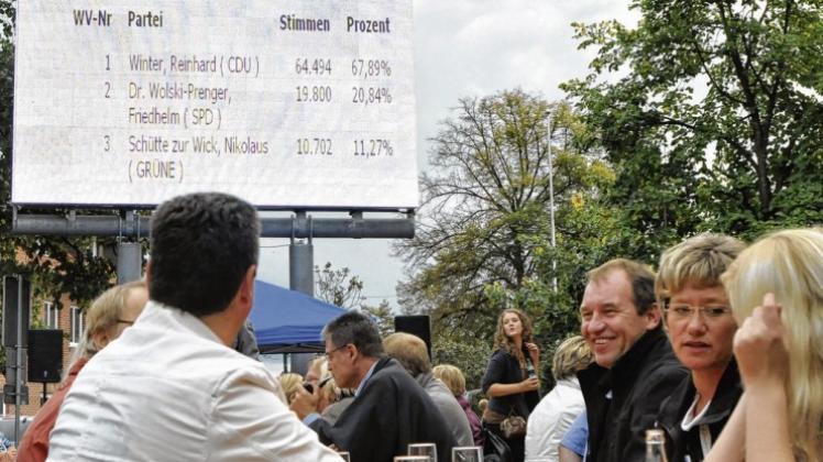 Eines der ersten Zwischenergebnisse der Landratswahl prangte bereits gegen 19 Uhr auf der Anzeigetafel auf dem Sögeler Marktplatz. Eines der ersten Zwischenergebnisse der Landratswahl prangte bereits gegen 19 Uhr auf der Anzeigetafel auf dem Sögeler Marktplatz.