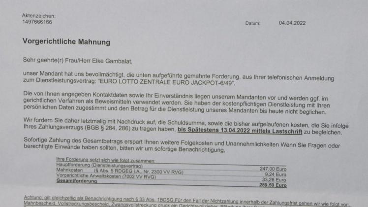 Vorgerichtliche Mahnung: Betrugsschreiben der angeblichen Anwaltskanzlei "Schmidt und Kollegen" aus München.
