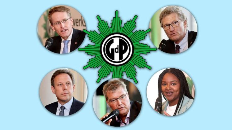 Die Spitzenkandidaten wollen  die Bedürfnisse der Polizei im Blick halten – im Uhrzeigersinn: Daniel Günther (CDU), Thomas Losse-Müller (SPD), Lars Harms (SSW), Aminata Touré (Grüne) und Bernd Buchholz (FDP).