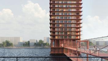 Im östlichen Wasserturm entstehen zwischen 80 und 85 Wohnungen. Die diagonal angeordneten Freisitze unterstreichen den Panoramacharakter der Wohnungen.