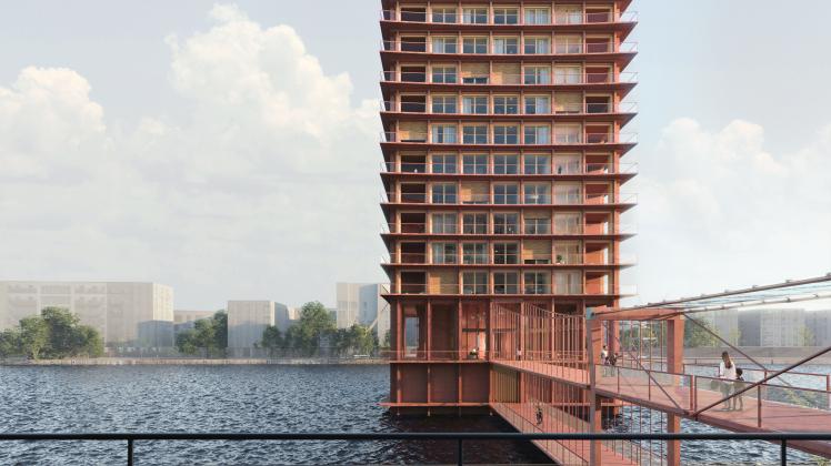 Im östlichen Wasserturm entstehen zwischen 80 und 85 Wohnungen. Die diagonal angeordneten Freisitze unterstreichen den Panoramacharakter der Wohnungen.