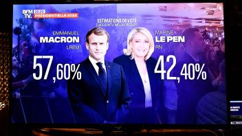 This photograph taken in Paris on April 24, 2022 shows a TV screen displaying French President and La Republique en Marche (LREM) party candidate Emmanuel Macron and French far-right party Rassemblement National (RN) presidential candidate Marine Le Pen&apos;s results of the France&apos;s presidential election. (Photo by STEPHANE DE SAKUTIN / AFP)