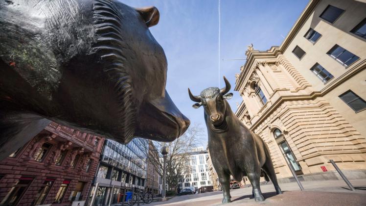 ARCHIV - Die Bronzeplastiken von Bulle und Bär stehen vor dem Gebäude der Frankfurter Wertpapierbörse. Foto: Frank Rumpenhorst/dpa