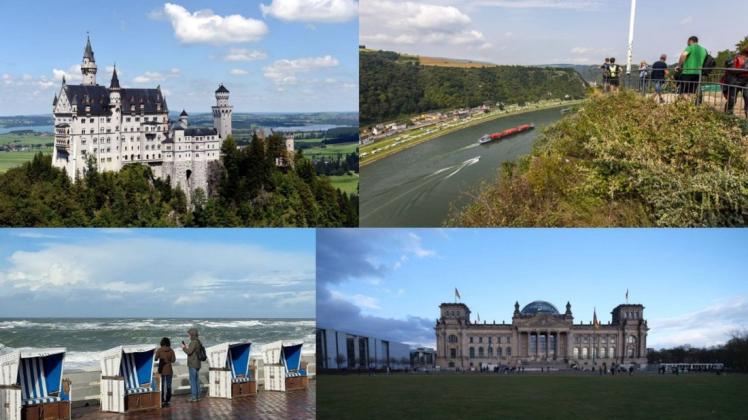 Beliebte Reiseziele (von links oben im Uhrzeigersinn): Neuschwanstein, die Loreley, das Berliner Reichstagsgebäude und der Strand von Westerland.