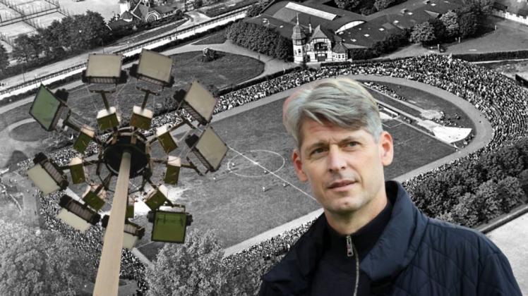 Der ehemalige Fußball-Profi Richard Golz hat in seinem Haus in St. Peter-Ording einen Strahler einer Flutlichtanlage (Symbolbild) – aus dem ehemaligen Rothenbaum-Stadion des HSV in Hamburg. Das Stadion ist im Hintergrund bei der Eröffnung im Jahr 1920 zu sehen.