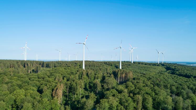Germany, Rhineland-Palatinate, Westerwald, Aerial View of rural landscape with wind turbines PUBLICATIONxINxGERxSUIxAUTx
