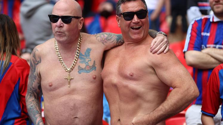 Chelsea v Palace 17 April 2022, London - FA Cup Semi-Final Football - Chelsea v Crystal Palace - Two topless Palace fan