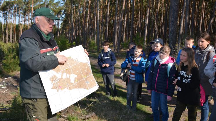 Fast alle Flächen braun. Revierförster Fred Seifert zeigt den Schülern anhand der Karte, dass im Forstamtsbereich die Baumart Kiefer vorherrscht.