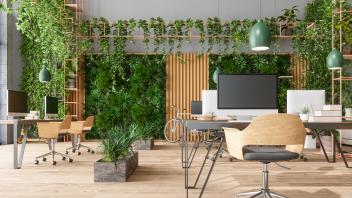 Eco-Friendly Open Plan Modern Office With Tables, Office Chairs, Pendant Lights, Creeper Plants And Vertical Garden Background