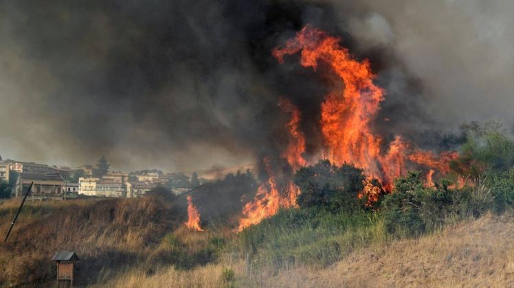 Auch auf Sizilien wüten Feuer: Blick auf lodernde Flammen am Ort eines Brandes in der Gemeinde Blufi in den oberen Madonien nahe Palermo.
