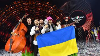 May 15, 2022, Turin: Kalush Orchestra from Ukraine celebrates onstage after winning the 66th annual Eurovision Song Cont