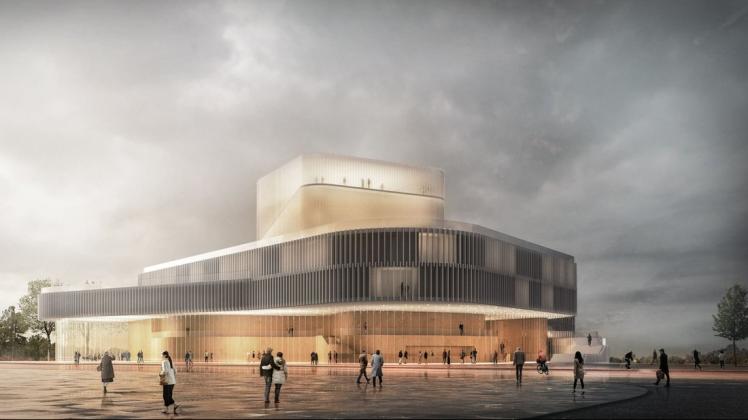 Ab 2028 soll in dem Gebäude am Bussebard das Rostocker Volkstheater mit vier Sparten spielen. Wie aktuelle Schätzungen belegen jedoch zu deutlich höheren Preisen