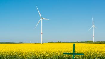 Gelbes Rapsfeld in Schleswig-Holstein mit Windkraftanlage zur Stromerzeugung *** Yellow rape field in Schleswig Holstei