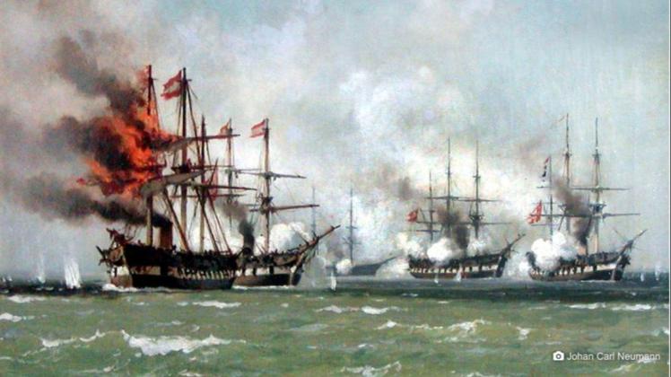 Das österreichische Flaggschiff „Schwarzenberg" brennt: Gemälde des Seegefechts bei Helgoland von Johan Carl Neumann.