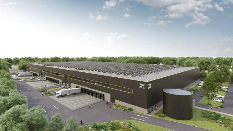 So soll das Logistik-Zentrum in Boostedt aussehen. Gut zu erkennen sind die Photovoltaik-Elemente auf dem Dach.