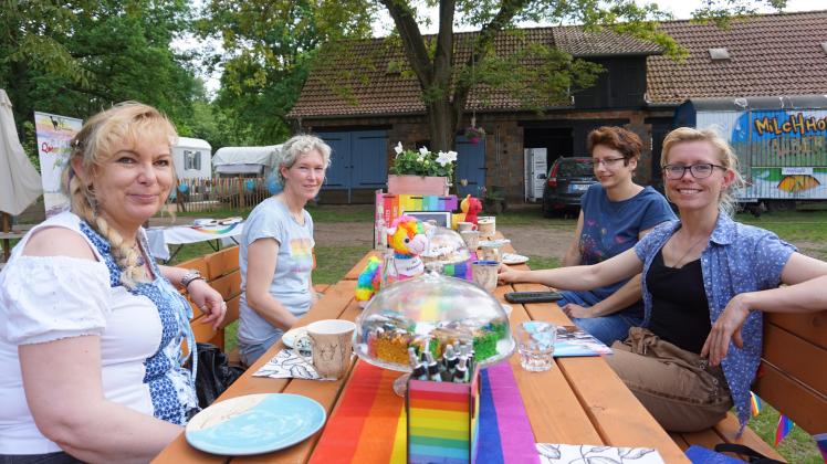 Sabine Reifenstahl, Chris P. Rolls, Susanne Beck und Jennifer Dietel (v.l.) sprechen bei Kaffee und Kuchen über die zweite Auflage von „Queer lesen mit Alpakas“.