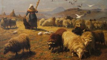 Dieses Bild zeigt einen Ausschnitt vom Bild „Schafherde in hügeliger Landschaft“.