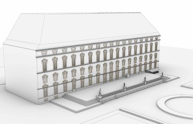 Dieser Entwurf zeigt, wie die fertige Terrasse vor dem Schloss aussehen soll. Derzeit ist sie vom Inneren des Gebäudes nur über eine kleine Treppe zu erreichen und daher nicht barrierefrei.