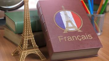 Learn and studiyng French concept. Book with French flag and Eiffel tower on the table. 3d Iluustration (maxxyustas)