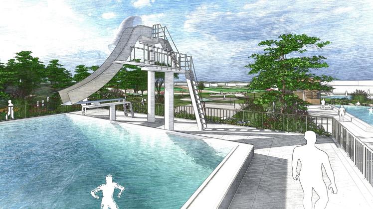 Mit Schwung in den freien Fall: Die neue Rutsche im Bersenbrücker Freibad soll zwei Meter über dem Wasserspiegel enden.