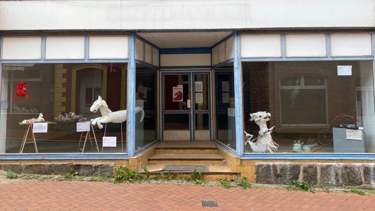 Auch Kunst kann gegen Leerstand helfen. So werden in einem ehemaligen Laden Kunstwerke von Gadebuscher Gymnasiasten gezeigt.