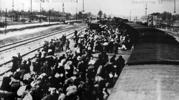 Ein Häftlingstransport aus Ungarn trifft im Lager Auschwitz ein (undatierte Aufnahme). 
