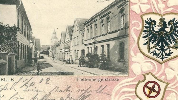 Damals um 1900: Die Plettenberger Straße umrahmt von den Wappen der Stadt und des Königreichs Preußen.