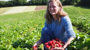 Eine Frau hockt in einem Feld und pflückt Erdbeeren