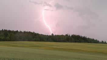 Ein Blitz ist bei einem Gewitter in der Nähe von Langenau in Sachsen über einem Waldstück zu sehen. Foto: B&S/dpa