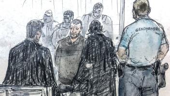 Diese Gerichtsskizze zeigt den Hauptangeklagten Salah Abdeslam (M) während des Prozesses um die Pariser Terroranschläge vom November 2015. Foto: Benoit Peyrucq/AFP/dpa