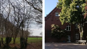 Auf diesem Grundstück am Esinger Weg (Foto links) soll eine neue vierzügige Grundschule gebaut werden. Sie soll die Johannes-Schwennesen-Schule (Foto rechts) ersetzen. Diese ist in Teilen 116 Jahre alt und als Denkmal geschützt.