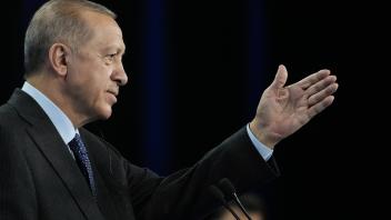Turkish President Tayyip Erdogan speaks during a news conference on the final day of a NATO summit in Madrid, Spain, Th