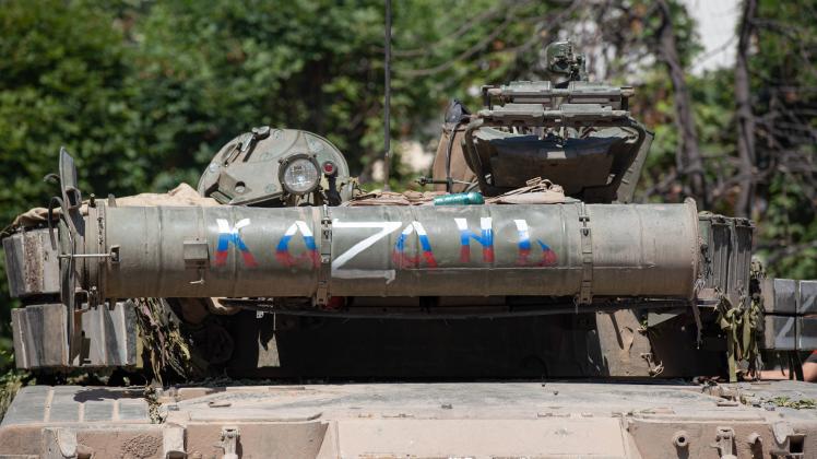 LISICHANSK, UKRAINE   JULY 3, 2022: Russian military hardware is seen in a street. The Russian Armed Forces are carrying
