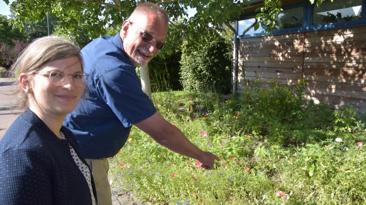 Ulf Döhring zeigt Neumünsters Klima- und Umweltmanagerin Julia Schirrmacher die mit Experetnhilfe neu angelegt Wildblumenwiese.