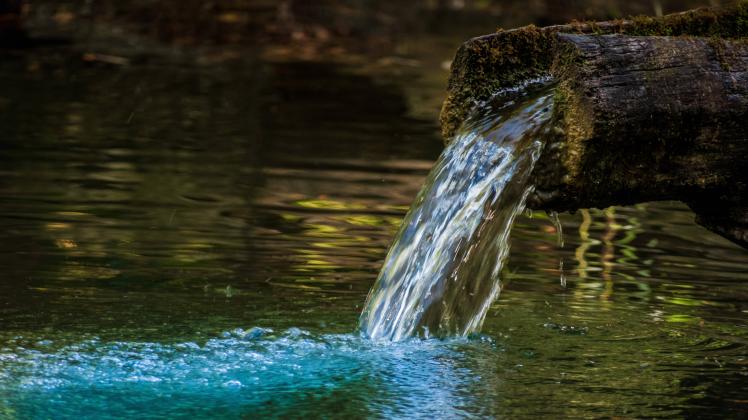 Trinkwasser einer Quelle rinnt in einen See. Symbol für reines Wasser McPWOD *** Drinking water from a spring flows into