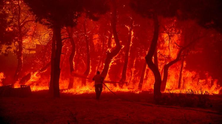 dpatopbilder - Ein Wald steht in Flammen: Ein Mann geht mit einem Löschschlauch auf der Ferieninsel Lesbos auf das Feuer zu. Foto: Eurokinissi/Eurokinissi via ZUMA Press Wire/dpa