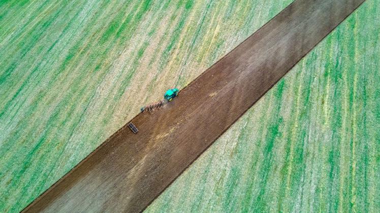 ARCHIV - Ein Traktor zieht Pflug und Egge über ein abgeerntetes Feld. Foto: Jens Büttner/dpa-Zentralbild/dpa/Symbolbild